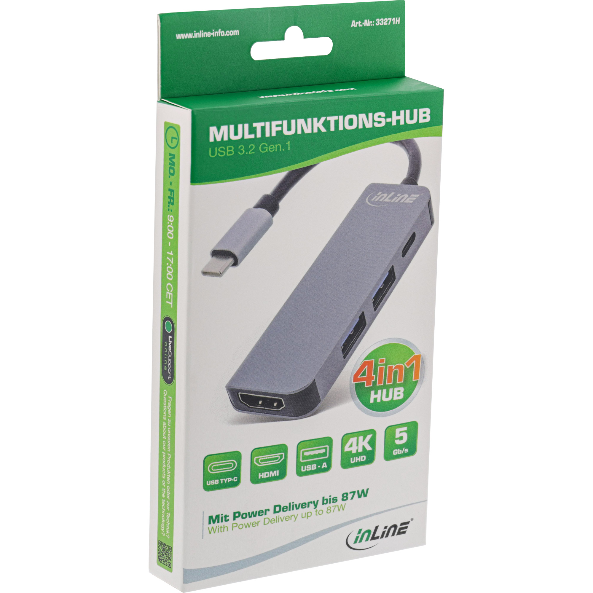 Inline® Multihub USB 3.2 Gen.1, 2x USB-A, HDMI 4K/30Hz, USB-C PD 87W