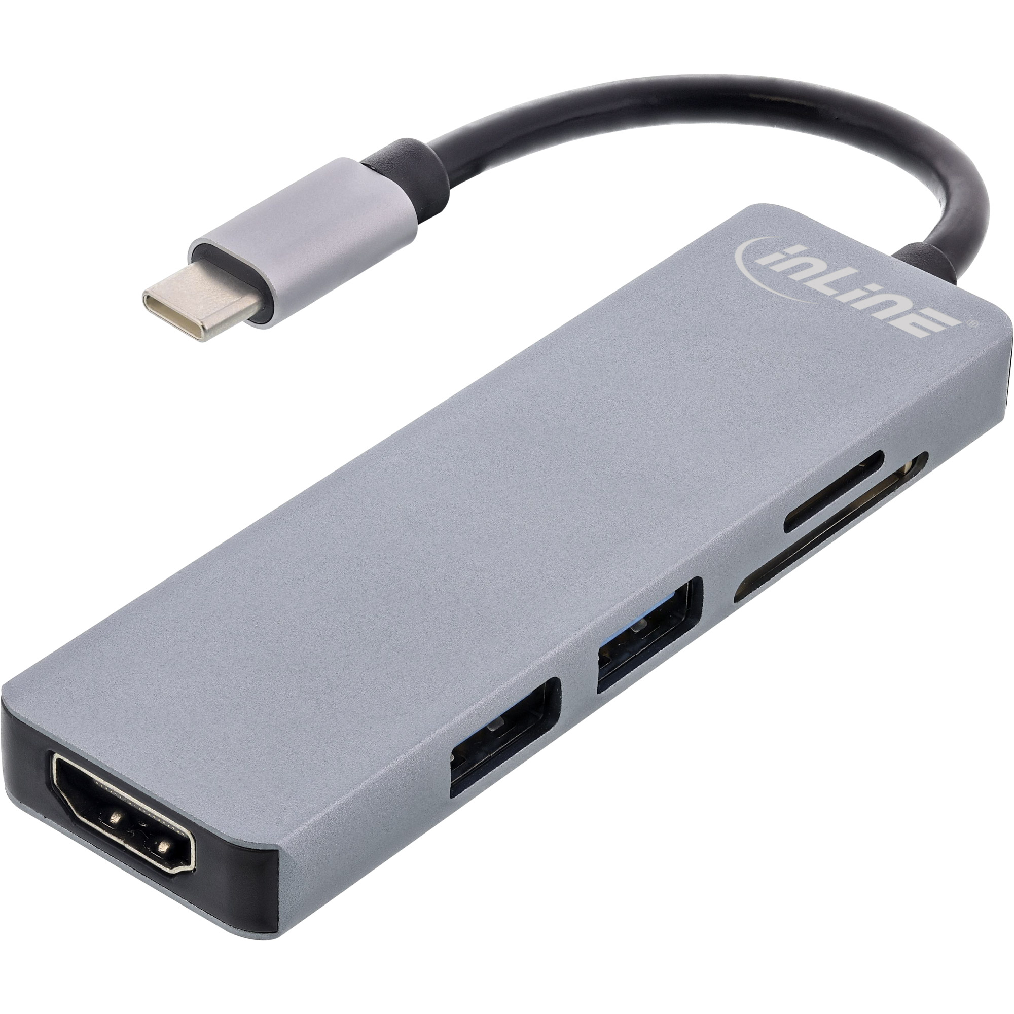 Inline® Multi-Hub USB 3.2 Gen.1, 2x USB-A, HDMI 4K/30Hz, Cardreader, Alu, grau