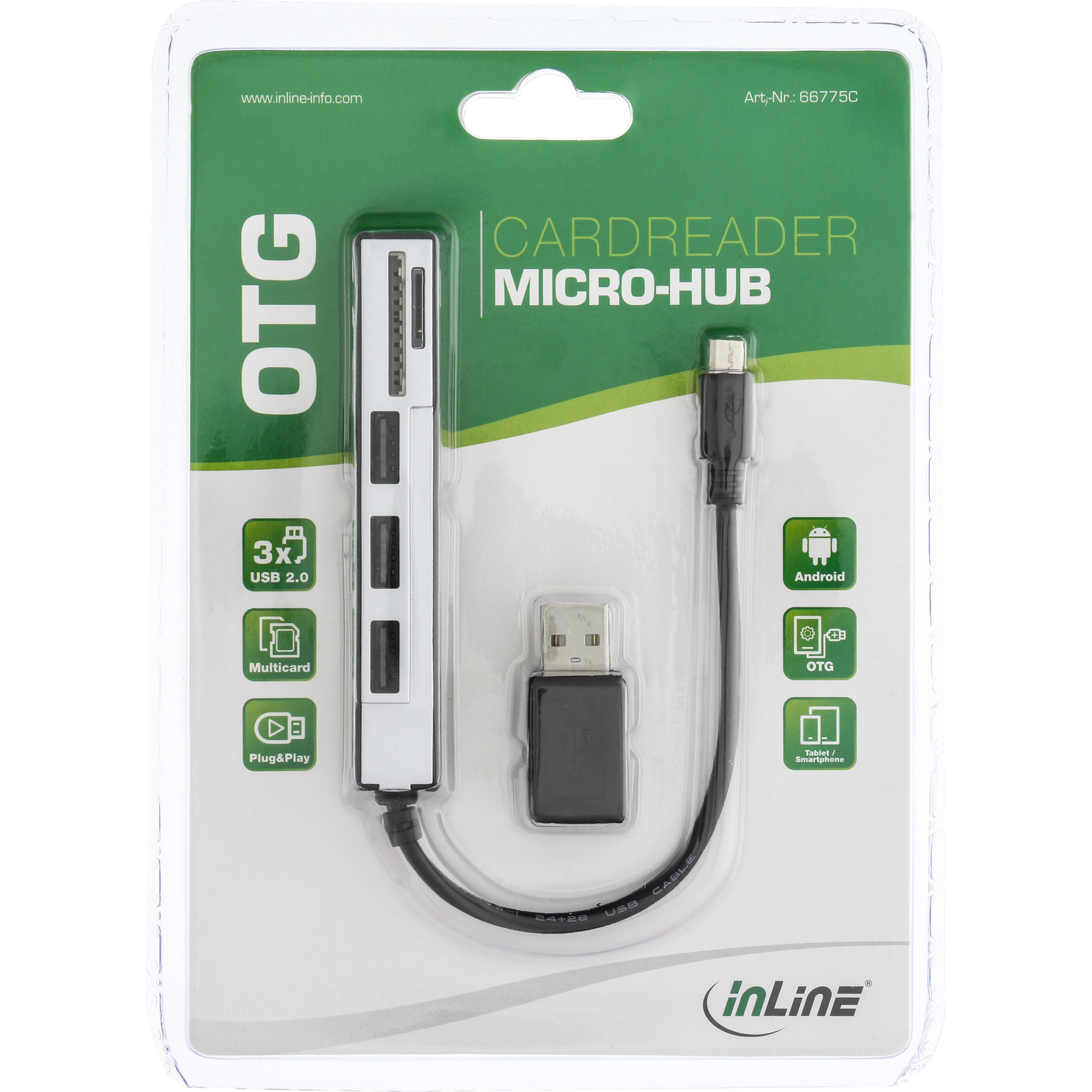 Inline® USB OTG Cardreader & 3-fach USB 2.0 Hub, für SDXC/microSD, mit Adapter