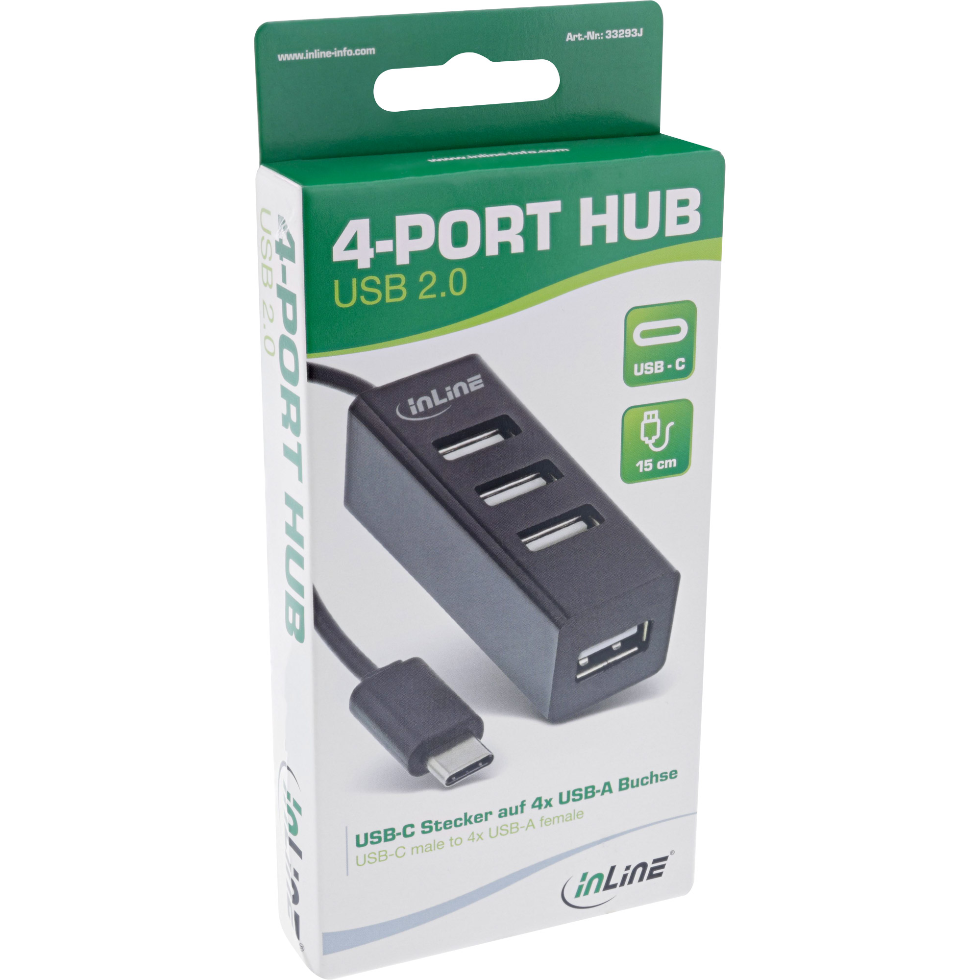 Inline® USB 2.0 4-Port Hub, USB-C Stecker auf 4x USB-A Buchse, Kabel 15cm