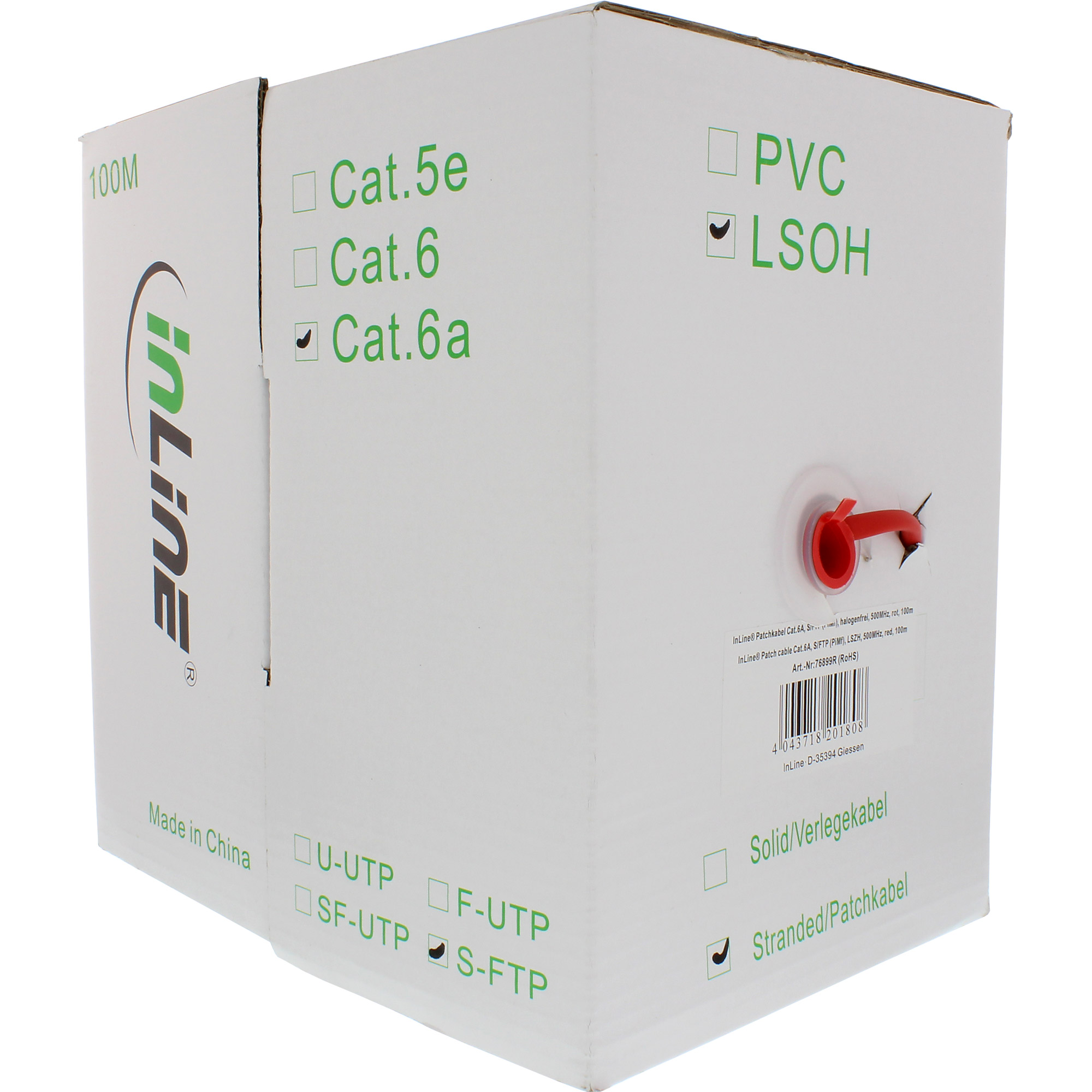 100m - Inline® Patchkabel, S/FTP (PiMf), Cat.6A, 500MHz, halogenfrei, Kupfer, rot
