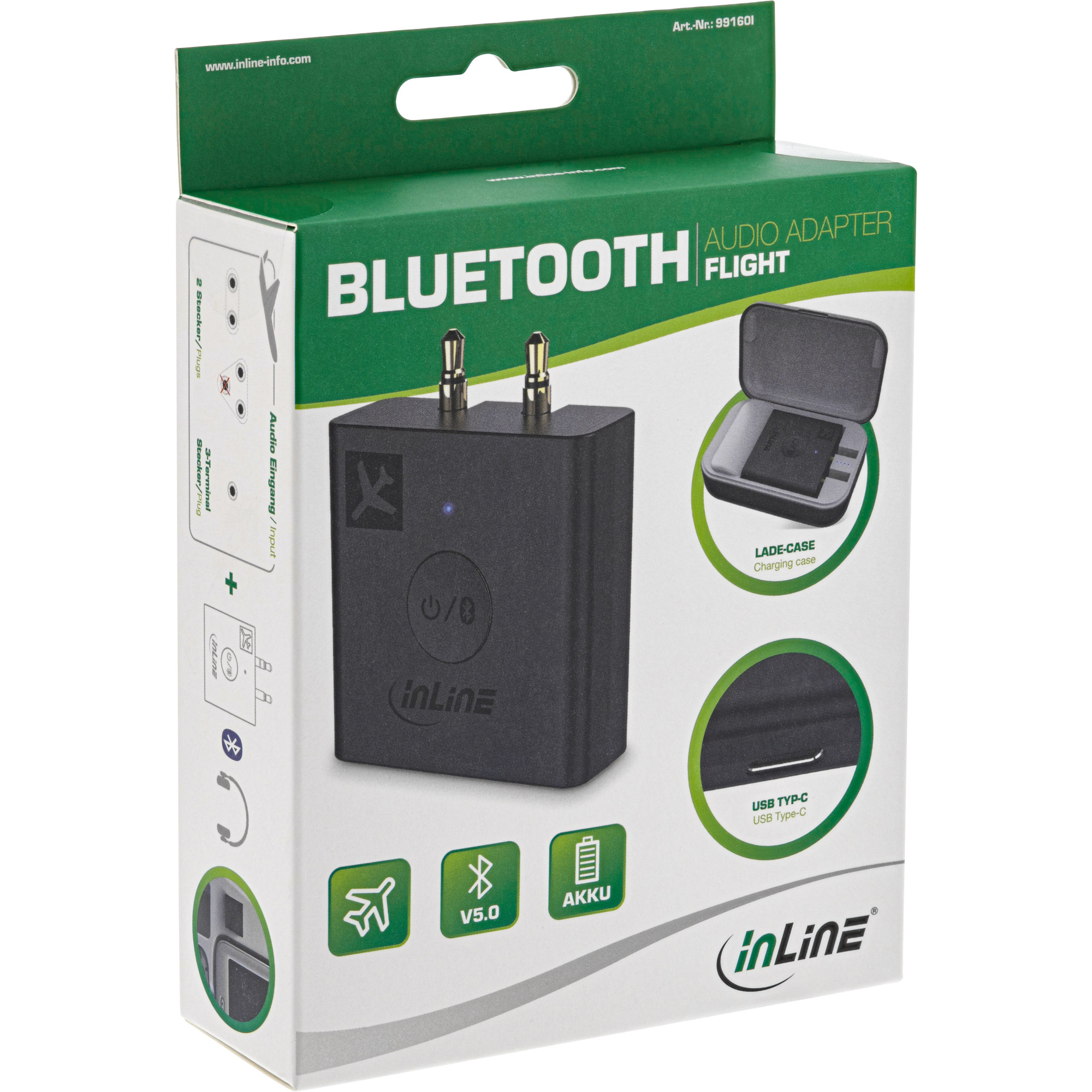 Inline® Flugzeug Bluetooth Audio Transmitter Sender, BT 5.0, aptX HD/LL
