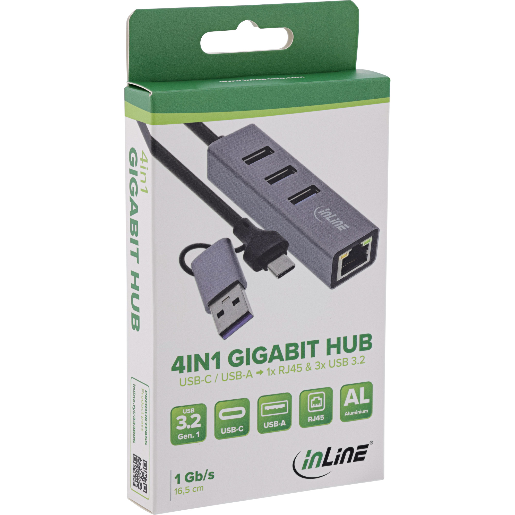 InLine® 4in1 Gigabit Hub, USB-C & USB-A, 1x RJ45, 3x USB 3.2 Gen.1
