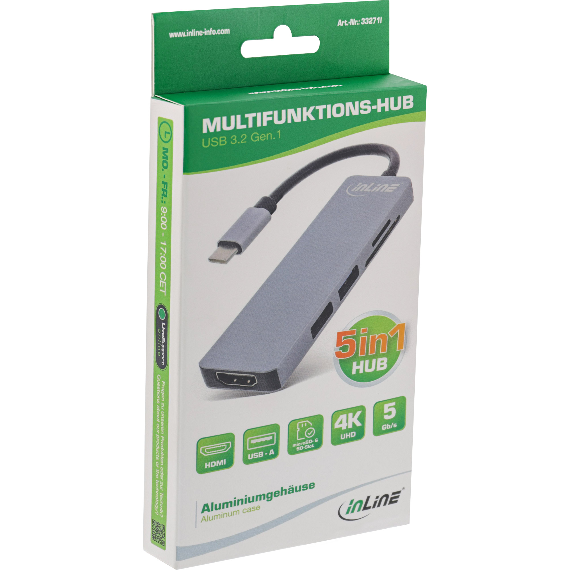 Inline® Multi-Hub USB 3.2 Gen.1, 2x USB-A, HDMI 4K/30Hz, Cardreader, Alu, grau