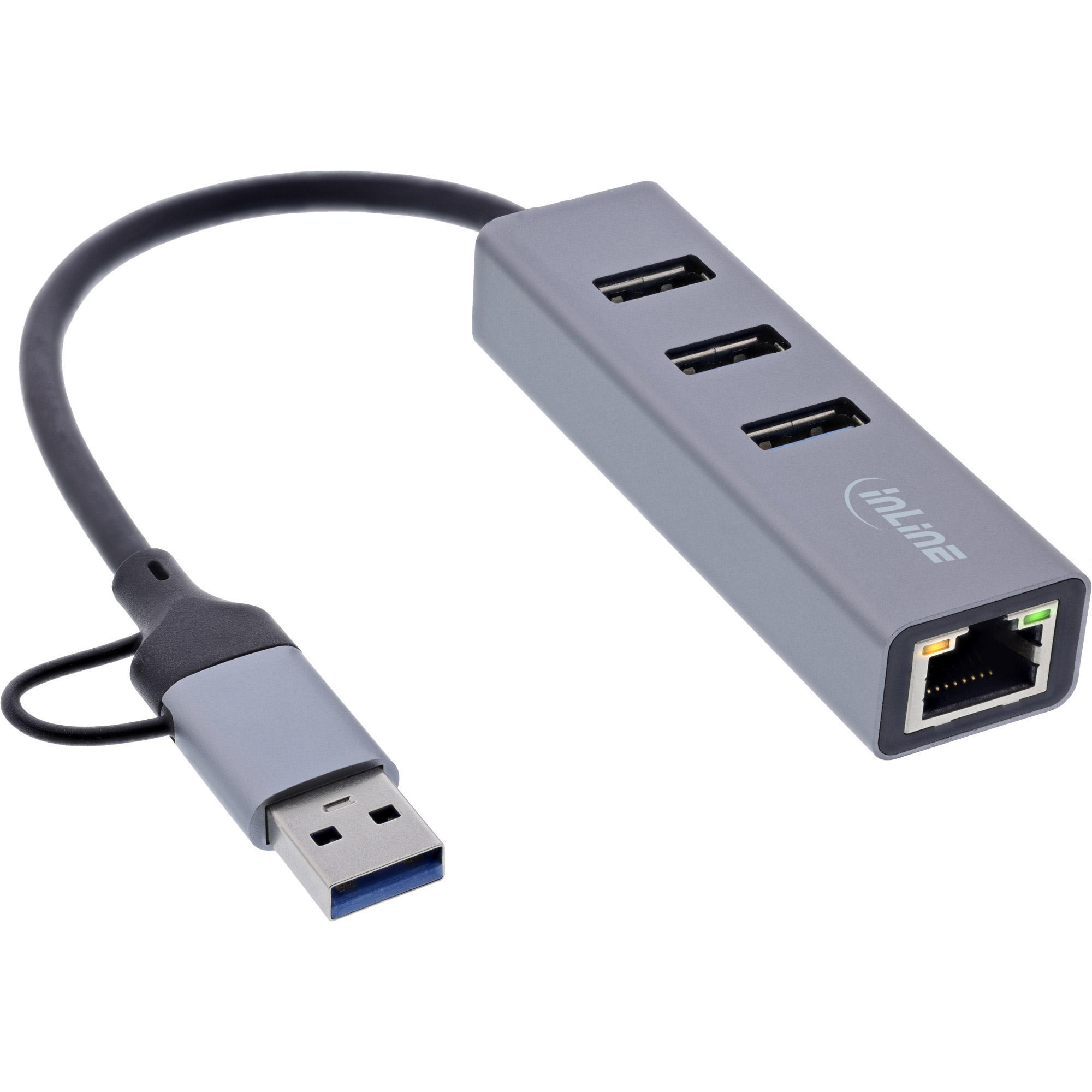InLine® 4in1 Gigabit Hub, USB-C & USB-A, 1x RJ45, 3x USB 3.2 Gen.1
