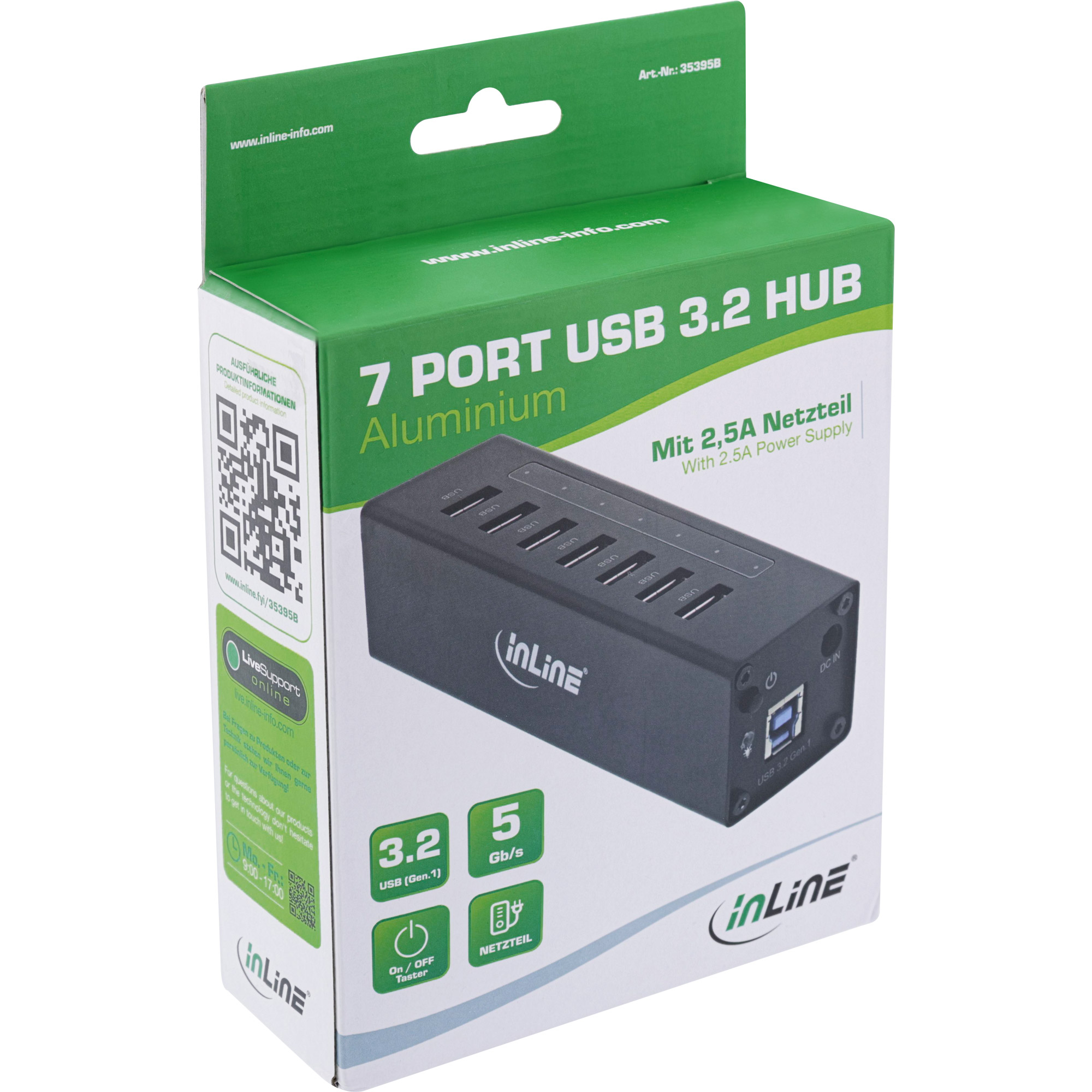 Inline® USB 3.0 Hub, 7 Port, Aluminiumgehäuse, schwarz, mit 2,5A Netzteil