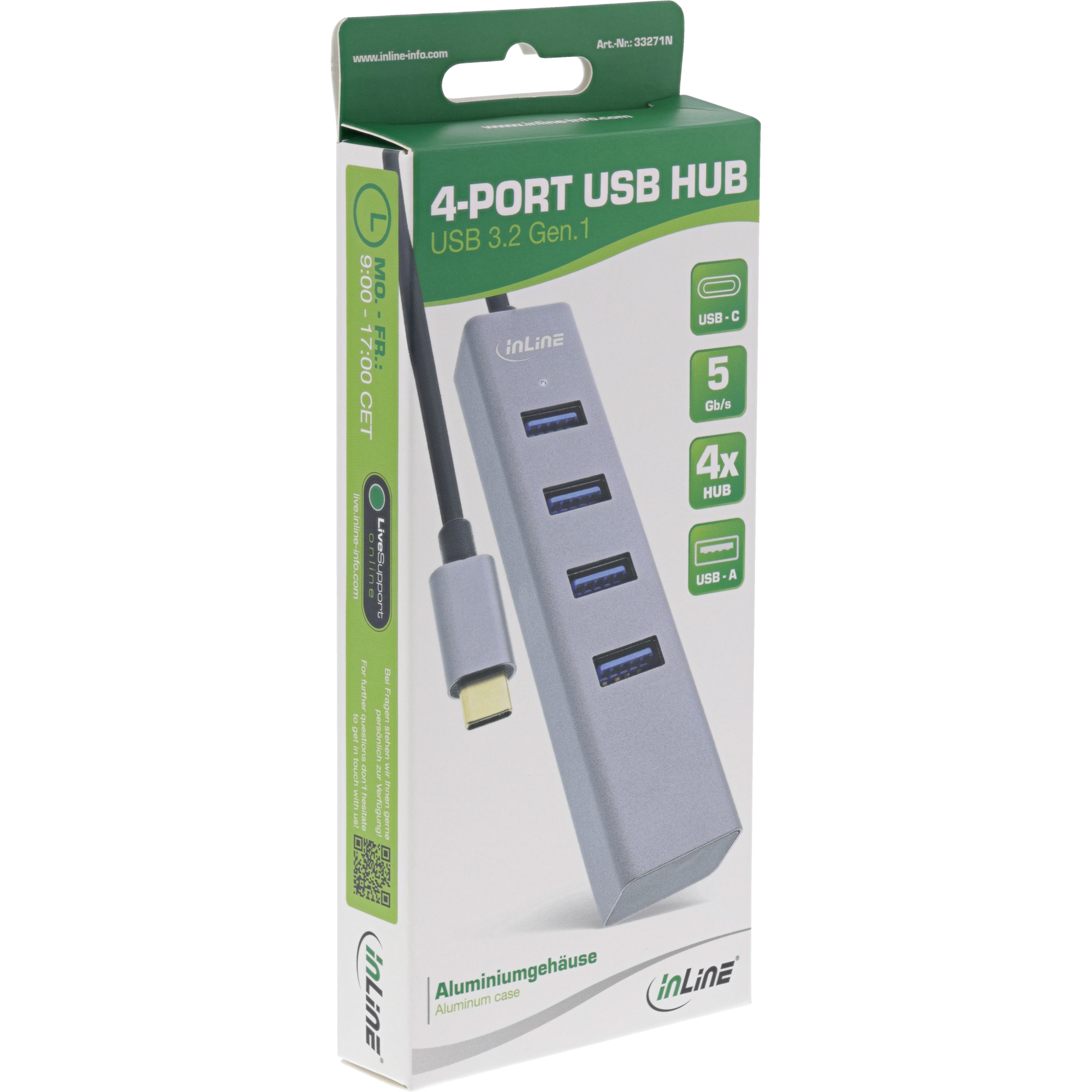 Inline® USB-C 3.2 Multi Hub (4x USB-A 5Gb/s), OTG, Aluminiumgehäuse