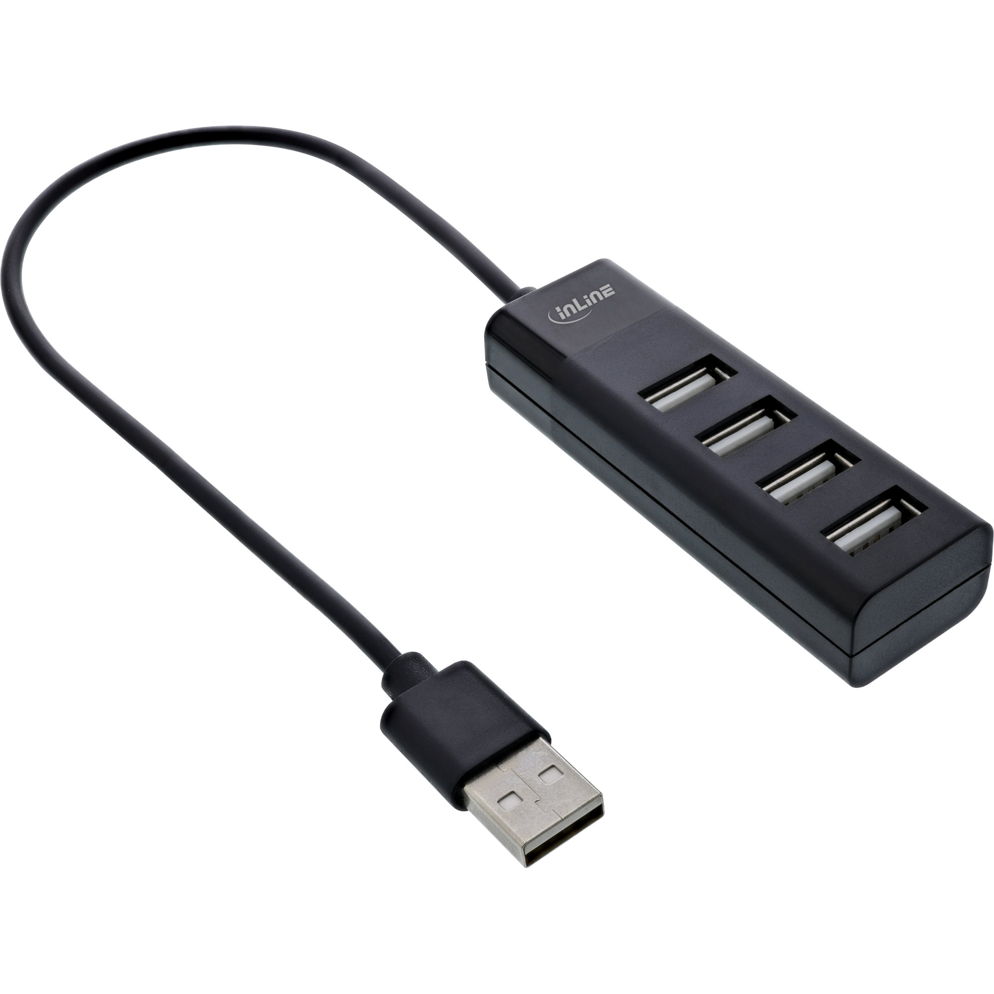 Inline® USB 2.0 Hub, 4 Port, schwarz, mit USB DC Kabel, Kabel 30cm, schmal
