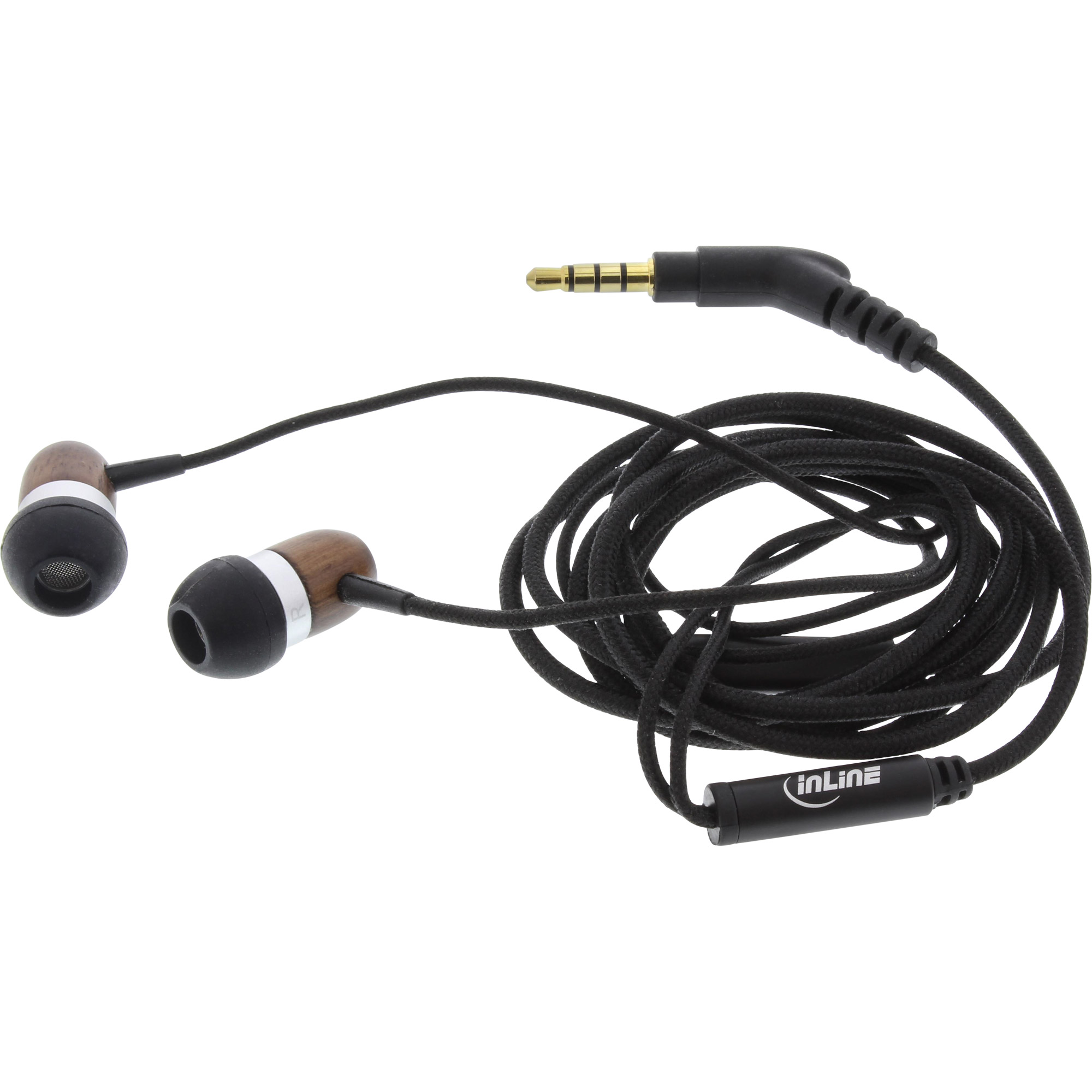 Inline® woodin-ear, In-Ear Headset mit Kabelmikrofon und Funktionstaste, Walnuss