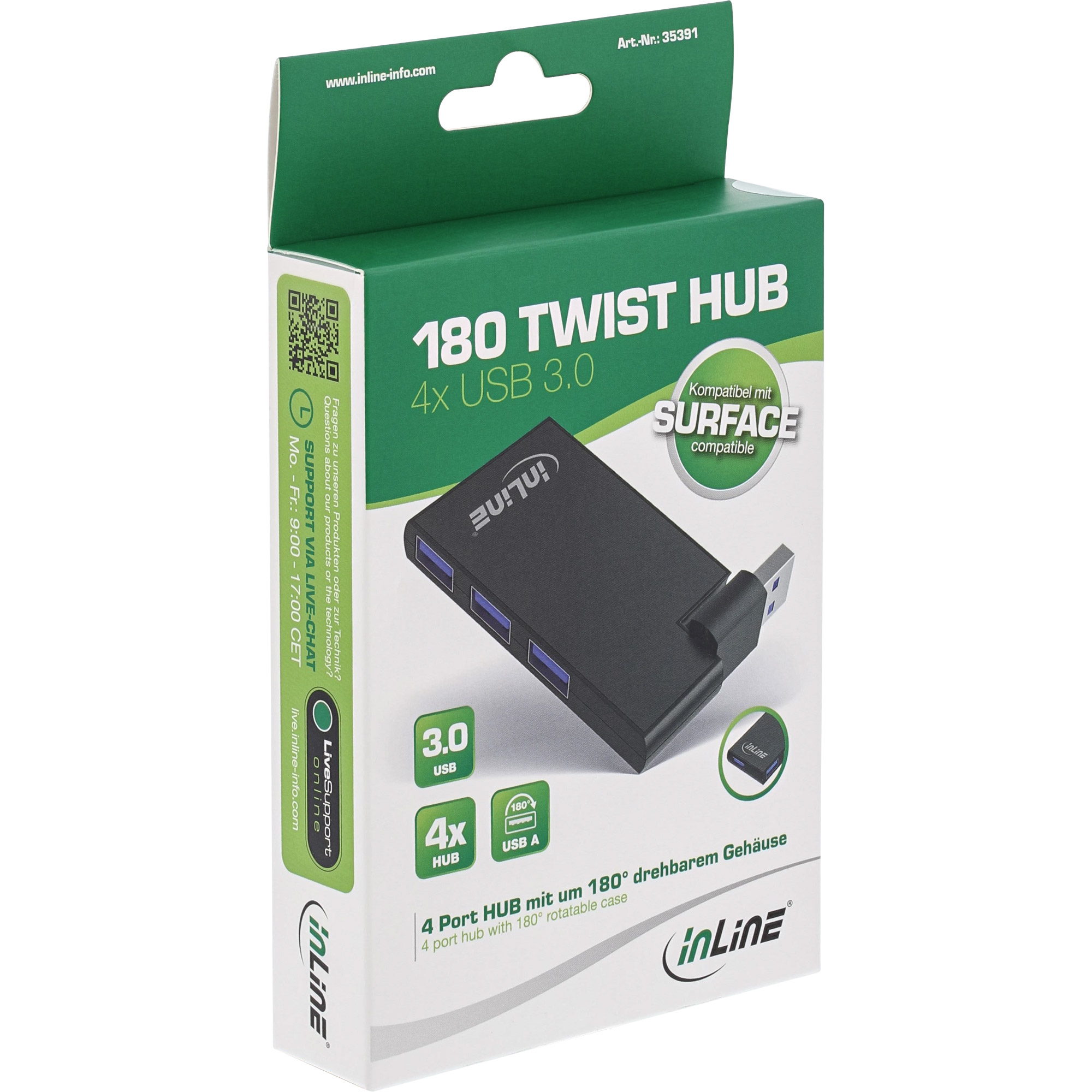 Inline® 180 Twist Hub USB 3.0, 4 Port, drehbar, schwarz