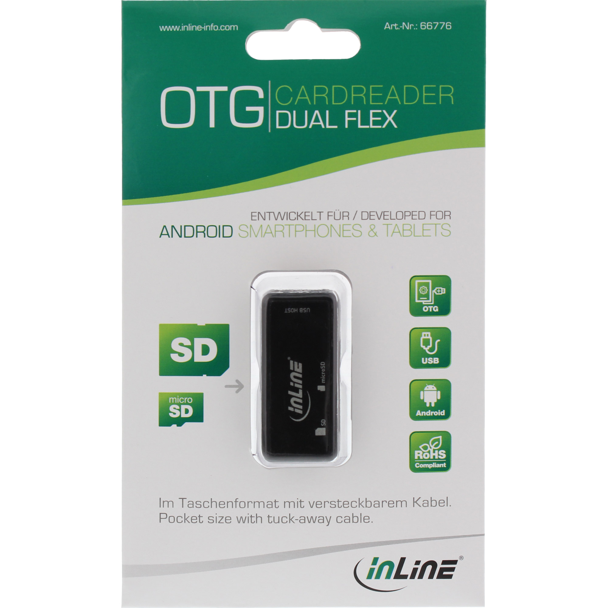 Inline® OTG Card Reader Dual Flex, für SD+microSD, mit USB Buchse+2 Kartenslots