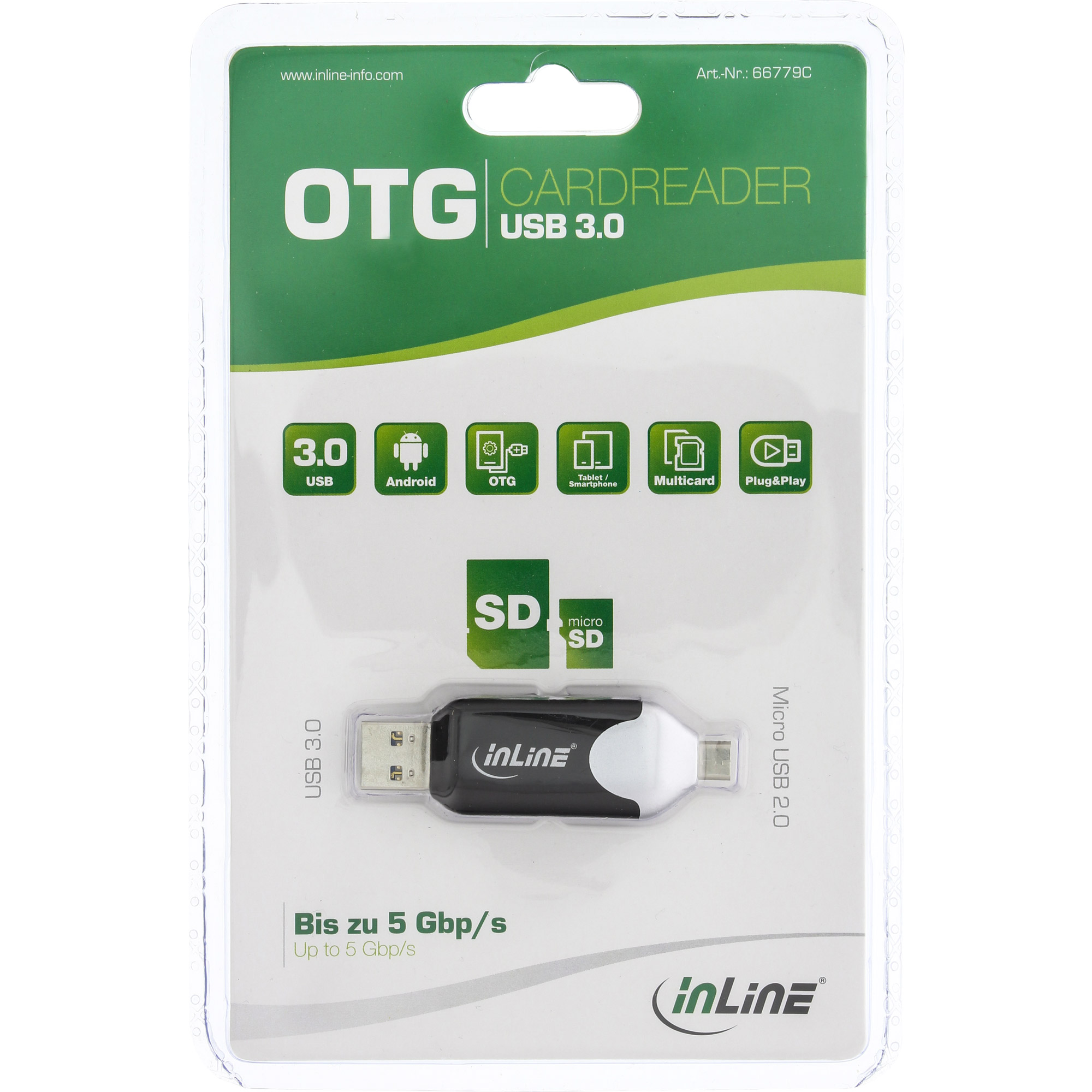 Inline® USB3.0 Dual Cardreader, USB A und Micro-USB 2.0 für SDXC und microSDXC
