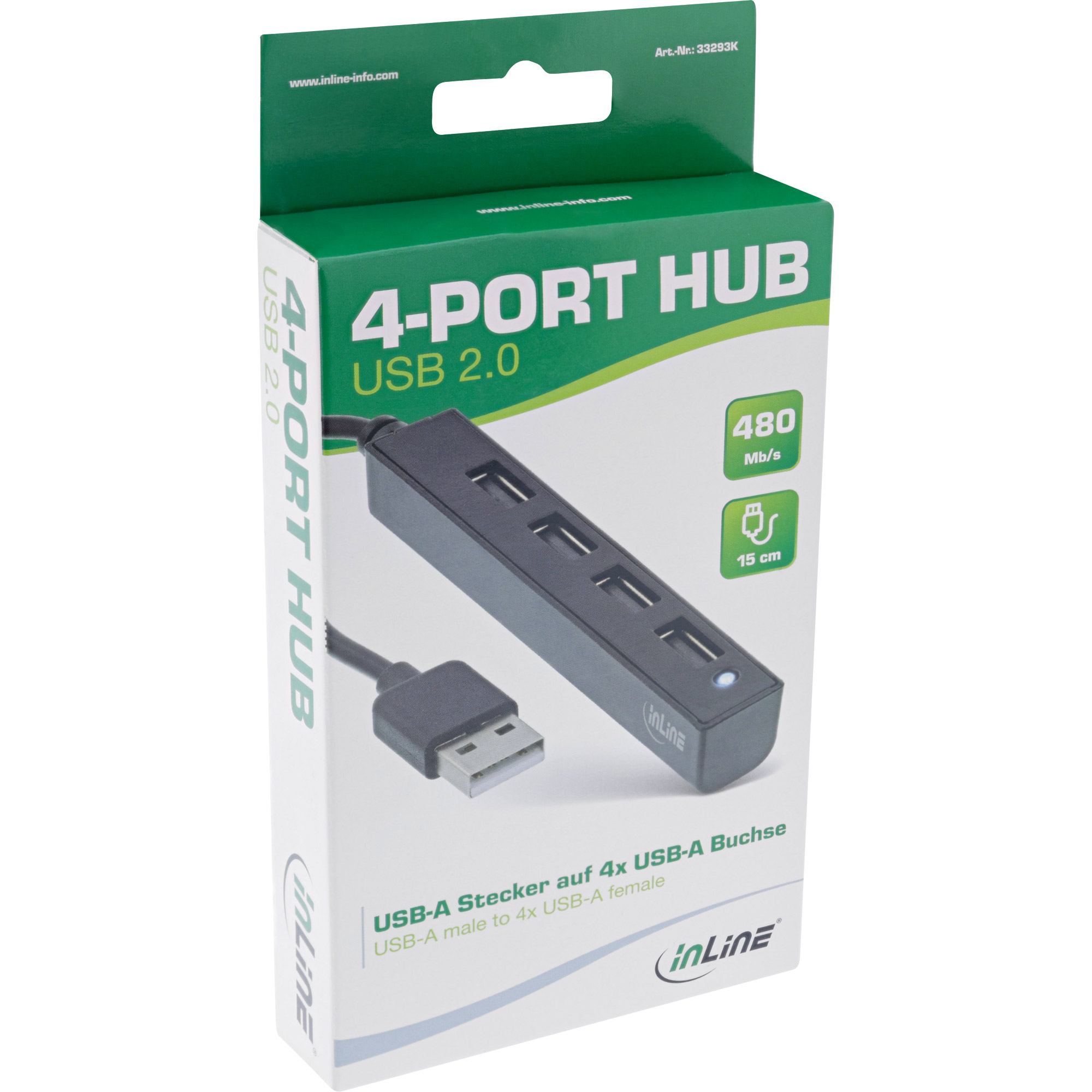 Inline® USB 2.0 4-Port Hub, USB-A Stecker auf 4x USB-A Buchse, Kabel 15cm