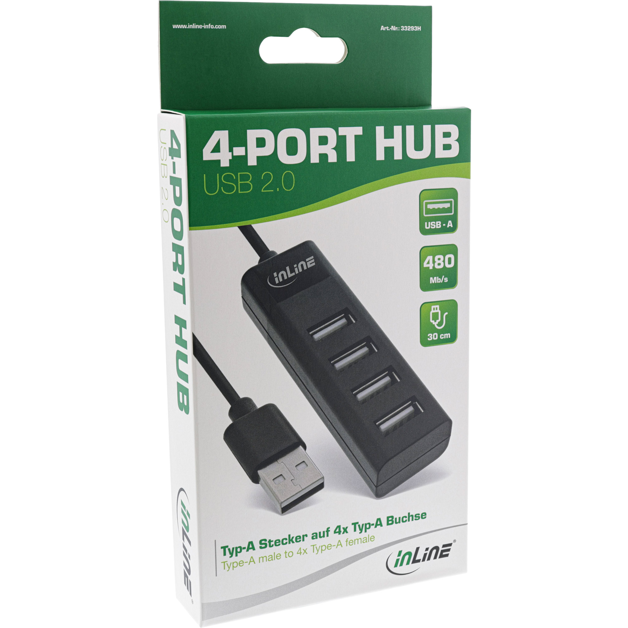 Inline® USB 2.0 Hub, 4 Port, schwarz, mit USB DC Kabel, Kabel 30cm, schmal