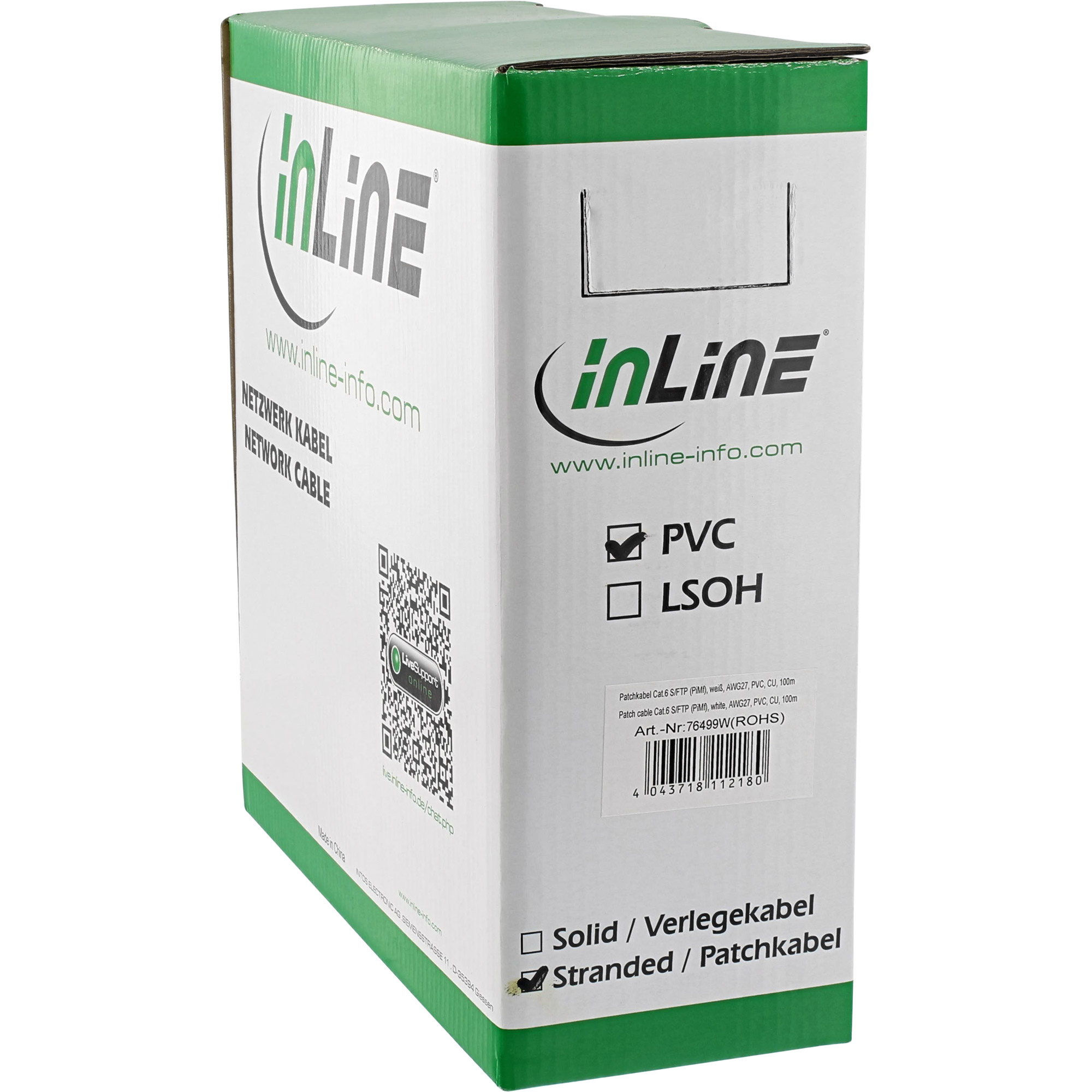 100m - Inline® Patchkabel Cat.6 S/FTP (PiMf), weiß, AWG27, PVC, CU