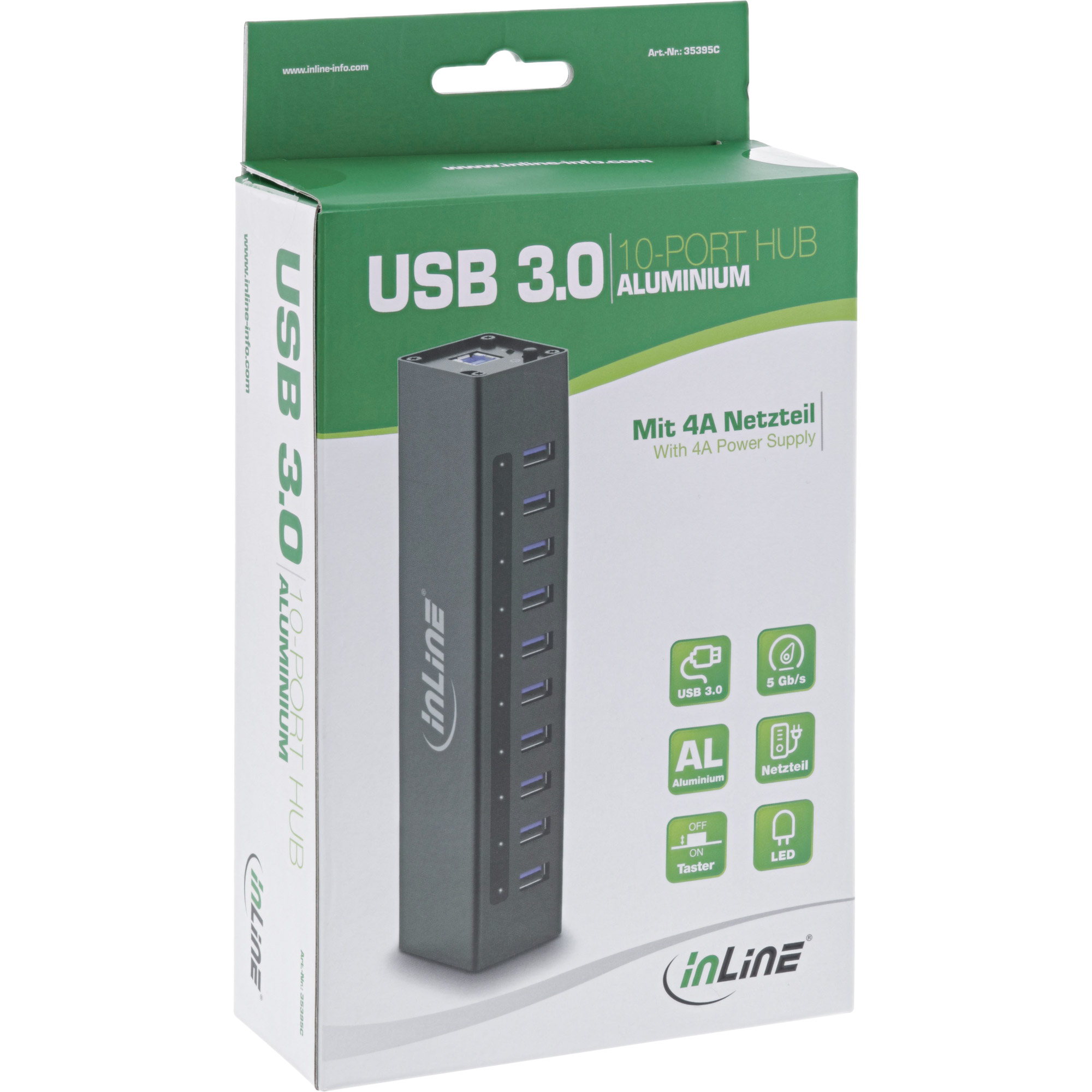Inline® USB 3.0 Hub, 10 Port, Aluminiumgehäuse, schwarz, mit 4A Netzteil