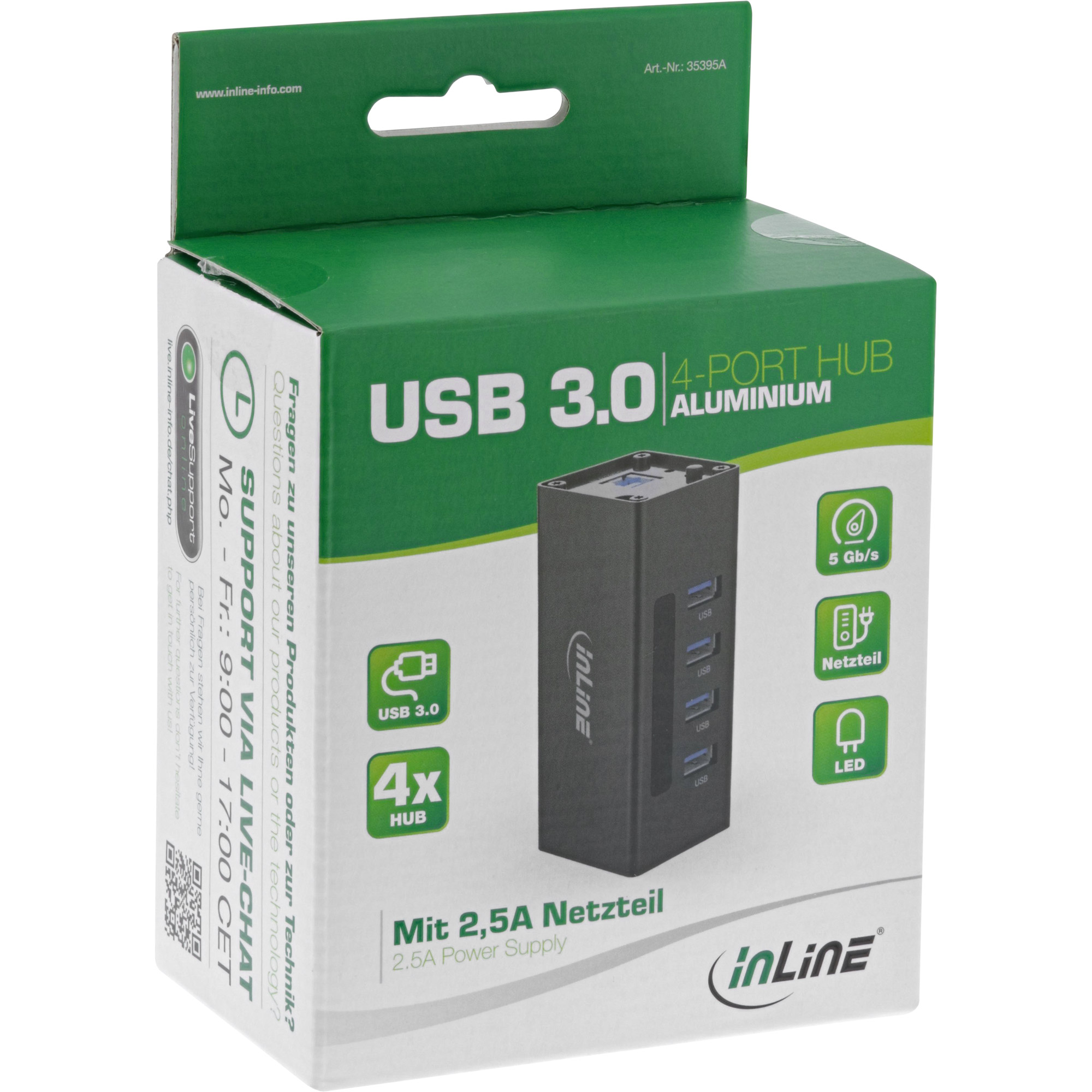Inline® USB 3.0 Hub, 4 Port, Aluminiumgehäuse, schwarz, mit 2,5A Netzteil