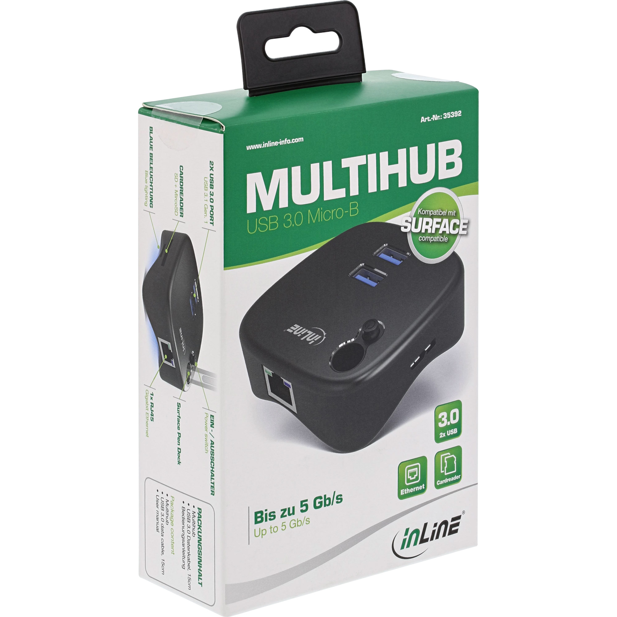 Inline® USB 3.0 Multiadapter, 2xUSB-A, RJ45, SD/MicroSD Cardreader, schwarz