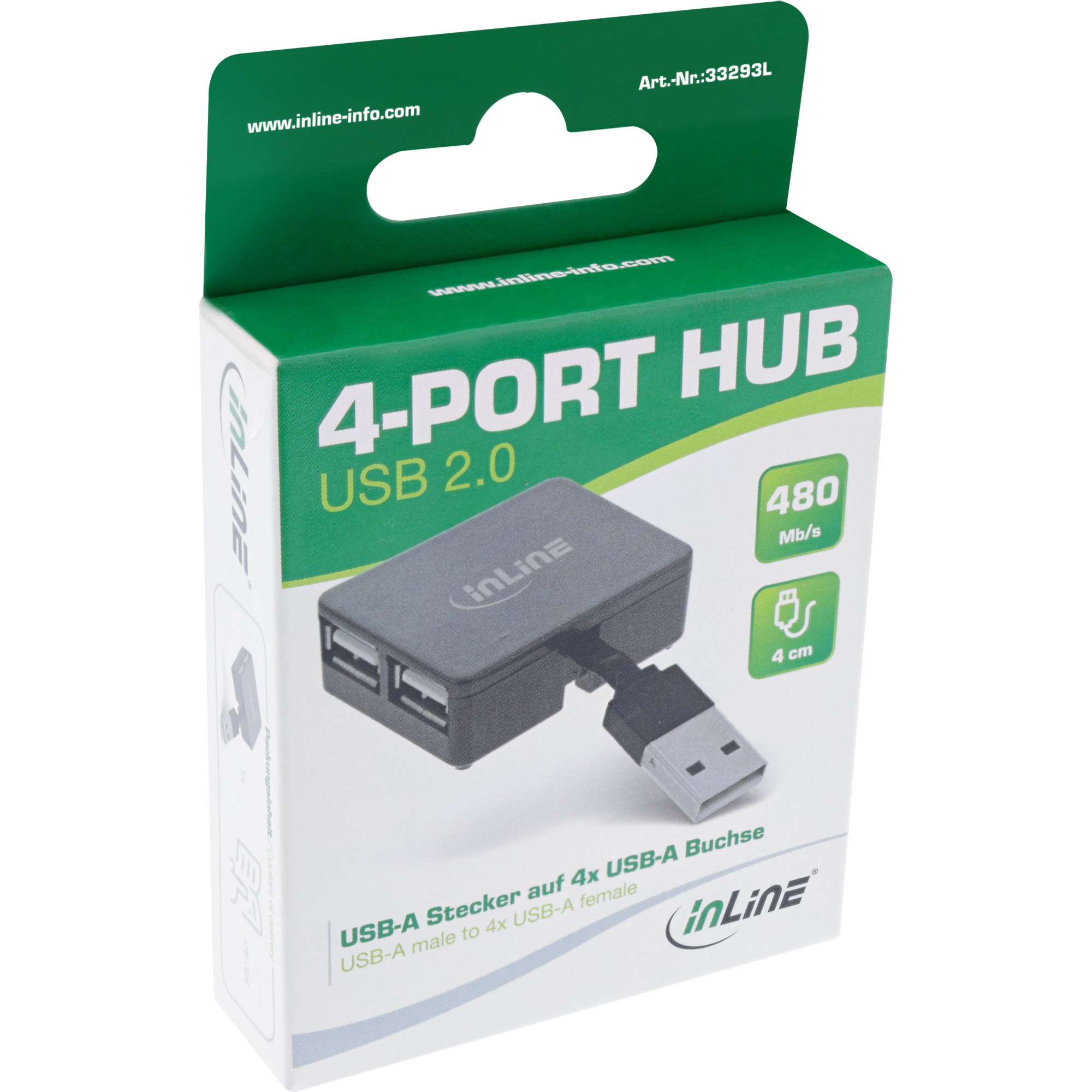Inline® USB 2.0 4-Port Hub, USB-A Stecker auf 4x USB-A Buchse, Kabel 4cm