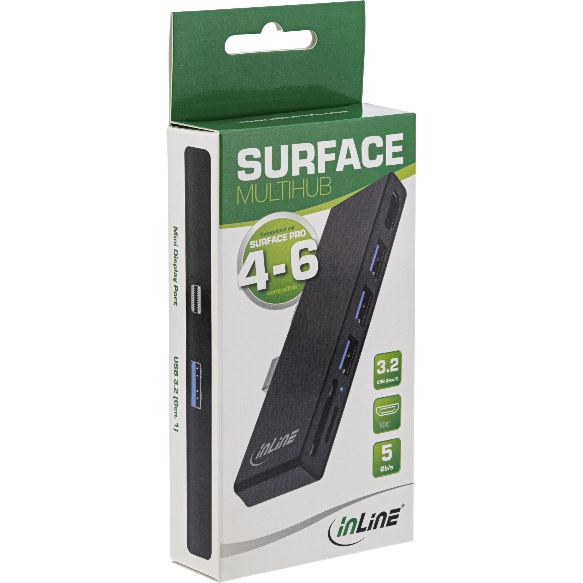Inline® MultiHub, Surface Pro 4/5/6, 3x USB-A 3.2 Buchse, HDMI 4K, Cardreader