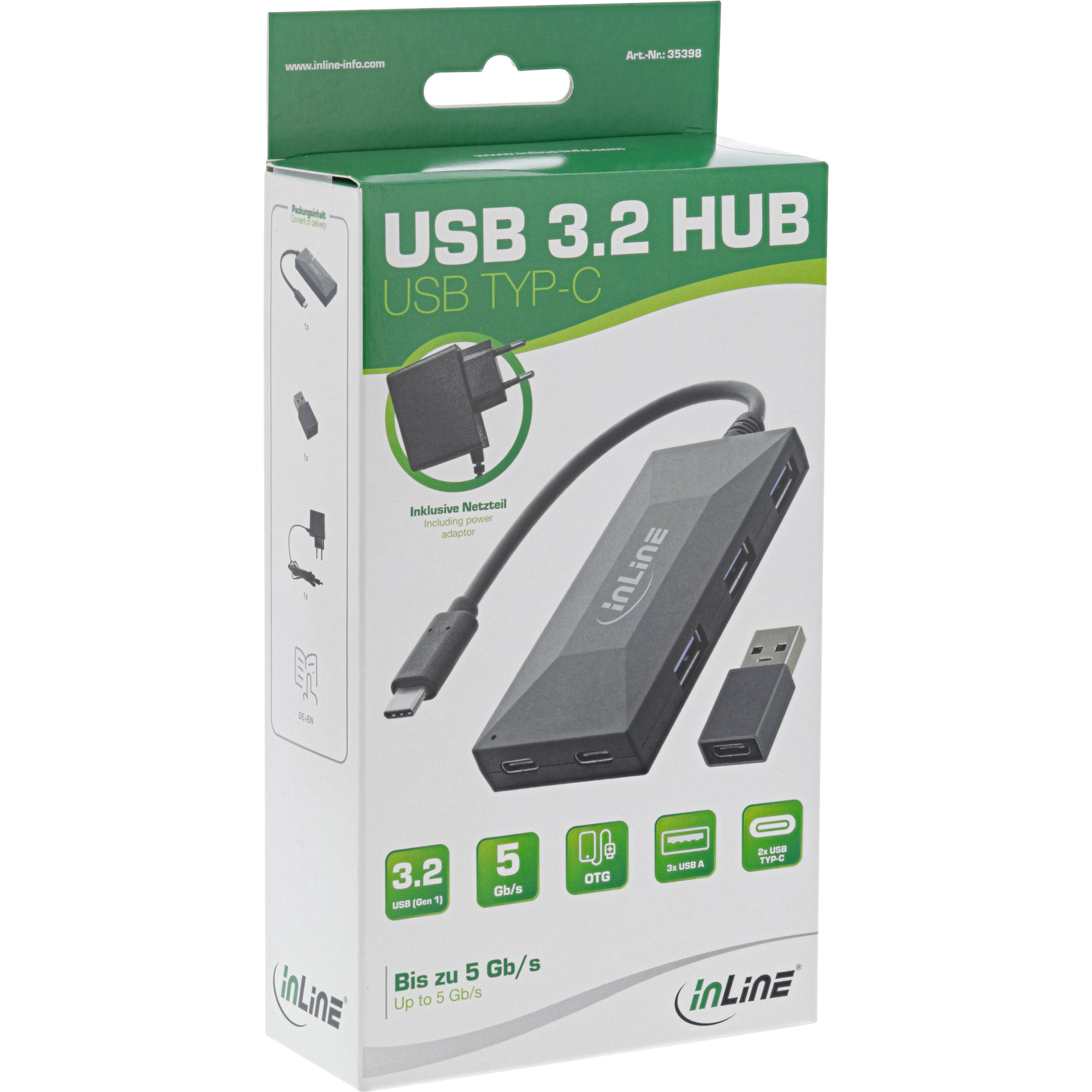 Inline® USB 3.2 Gen.1 Hub, USB-C zu 2 Port USB-C und 3 Port USB-A, mit PSU