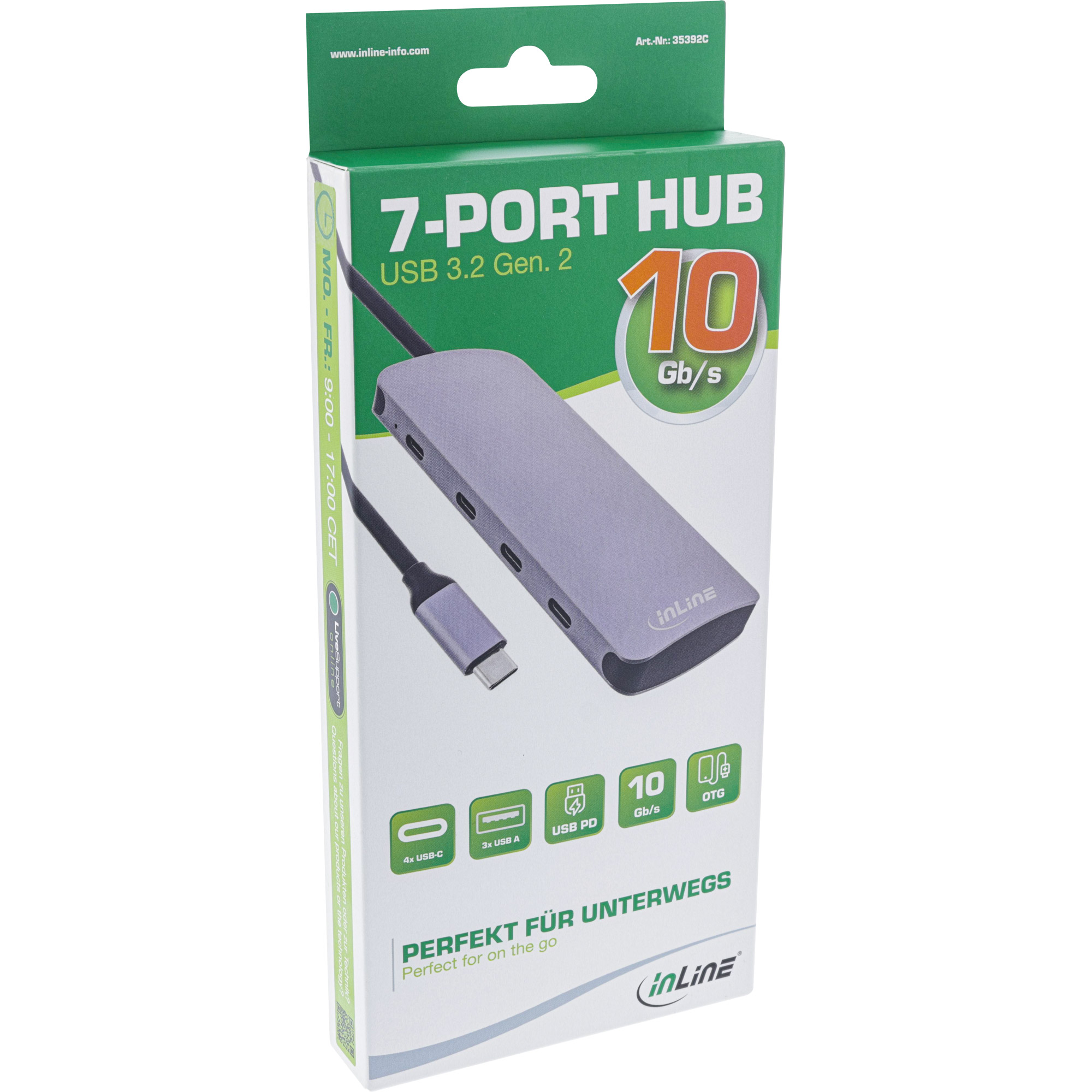 Inline® USB 3.2 Gen.2 Hub, 4x USB-C + 3x USB-A, PD 100W, Aluminium, grau