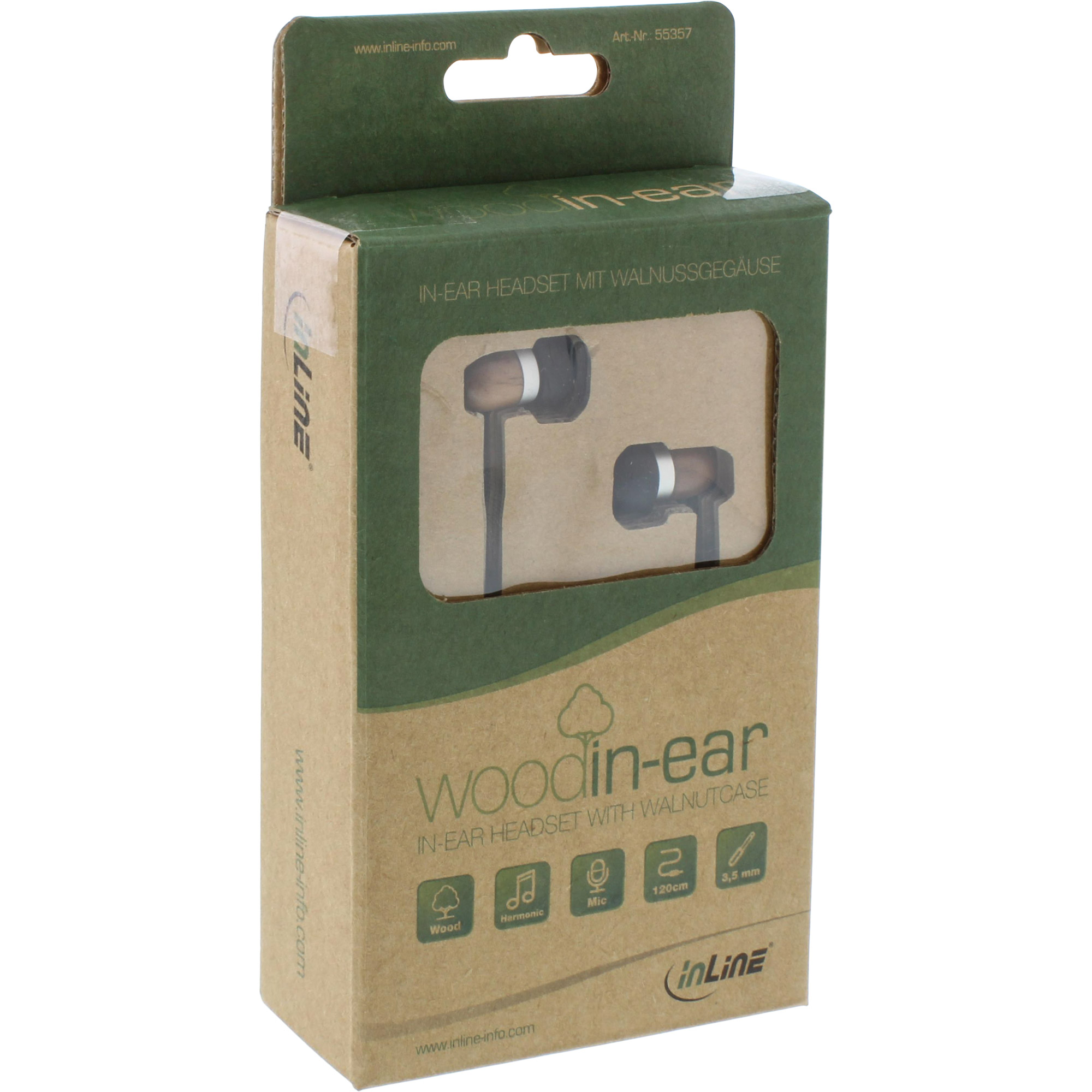Inline® woodin-ear, In-Ear Headset mit Kabelmikrofon und Funktionstaste, Walnuss