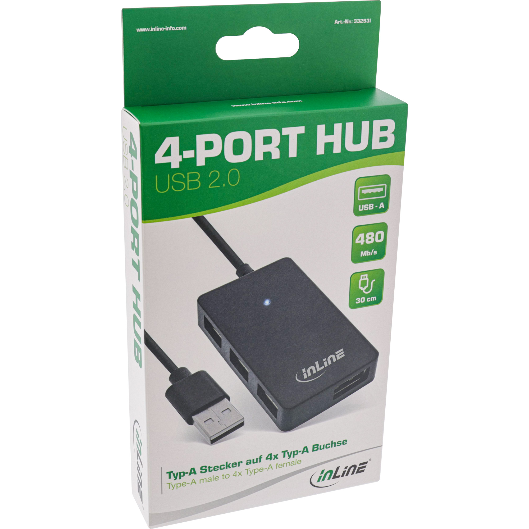 Inline® USB 2.0 Hub, 4 Port, schwarz, mit USB DC Kabel, Kabel 30cm